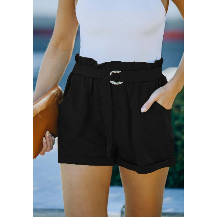 Loose Waisted Strap Pocket High Waisted Casual Shorts